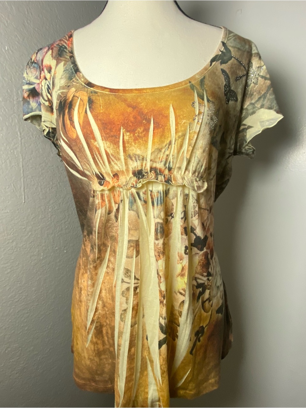 Y2K Fairy Orange Multicolor Floral Rhinestone Butterfly Babydoll Top Large